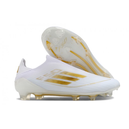 Alta calidad Adidas F50 Elite Laceless FG Low cut Blanco Oro Zapatos De Futbol