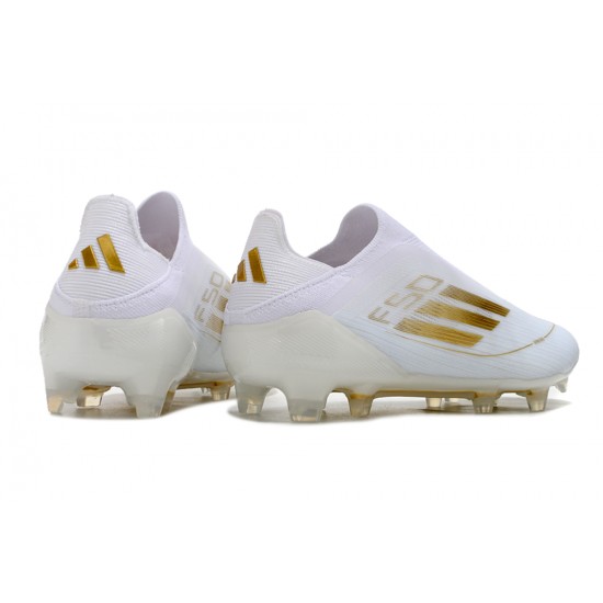 Alta calidad Adidas F50 Elite Laceless FG Low cut Blanco Oro Zapatos De Futbol