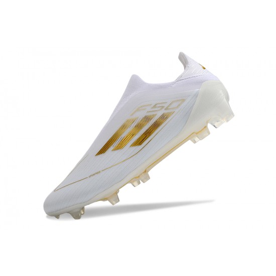 Alta calidad Adidas F50 Elite Laceless FG Low cut Blanco Oro Zapatos De Futbol
