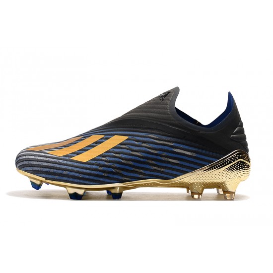 Alta calidad Botas de fútbol Adidas X 19 FG Laceless Azul Negro Dorado