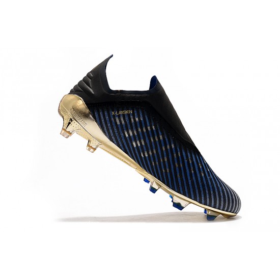 Alta calidad Botas de fútbol Adidas X 19 FG Laceless Azul Negro Dorado
