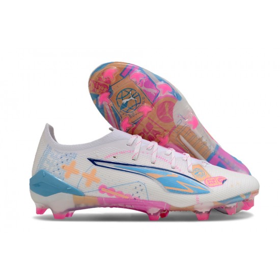 Explorar  Puma Ultra Ultimate FG Blanco y Azul Hombre Zapatos De Futbol